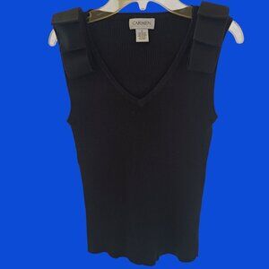 Carmen Marc Valvo Black Sleeveless Ribbed Knit Top W/ Bow Shoulders Size Small